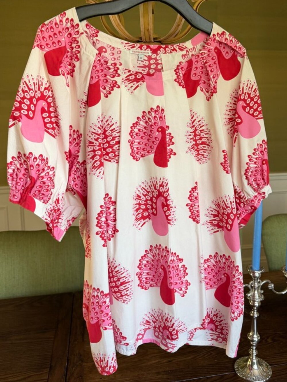 Frances Valentine "Zonda" Top w/Puffy Sleeves and Peacock Print